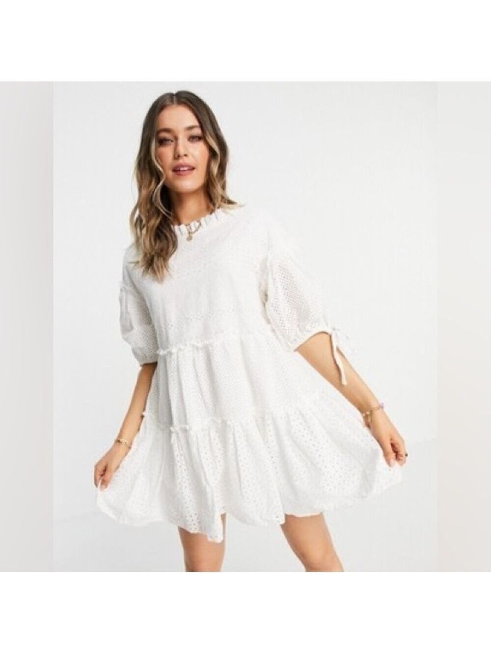 ASOS Just Me Broderie Anglais Eyelet Tiered Babydoll Miini Dress in White Size S